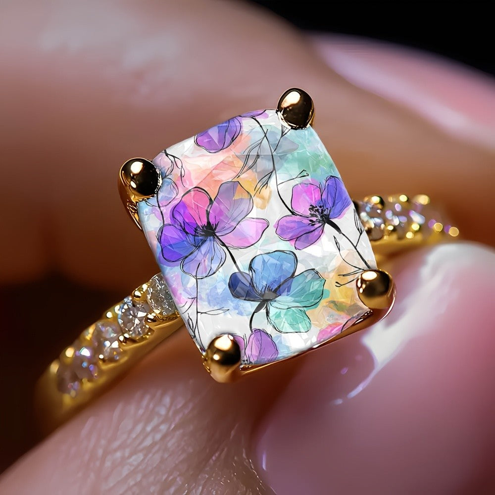 Watercolor Floral Square Ring