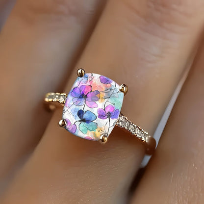 Watercolor Floral Square Ring