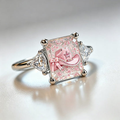 Pink Floral Cowboy Hat Square Ring
