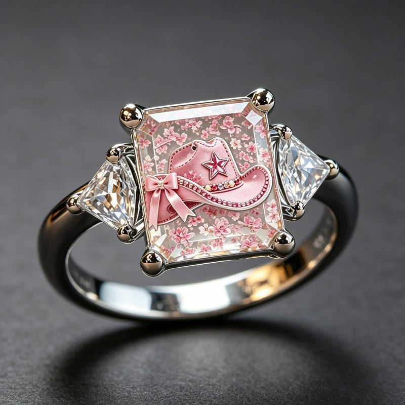 Pink Floral Cowboy Hat Square Ring