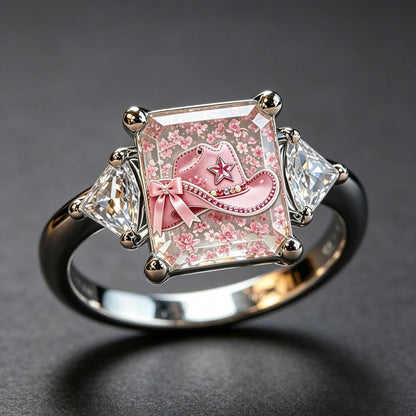 Pink Floral Cowboy Hat Square Ring