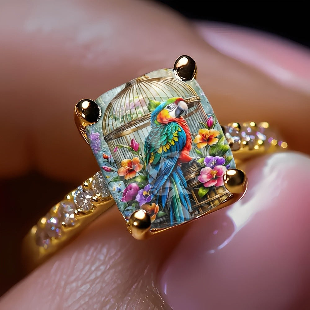 Parrot & Floral Square Ring