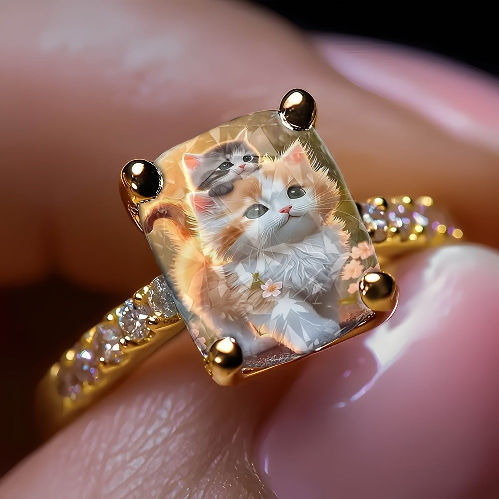 Kitten & Flower Square Ring