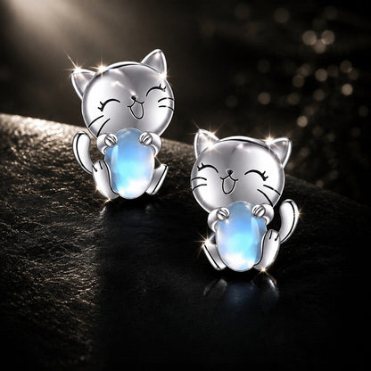 Smiling Cat Moonstone Stud Earrings