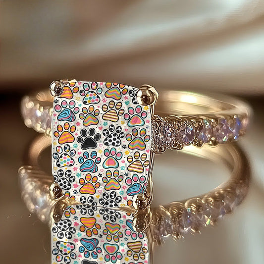 Vintage Colorful Paw Print Square Ring