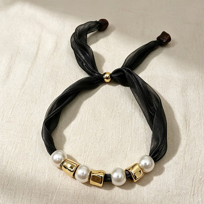 Black Ribbon Pearl Tie Necklace