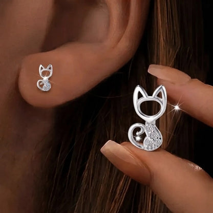 Crystal Cat Silhouette Stud Earrings