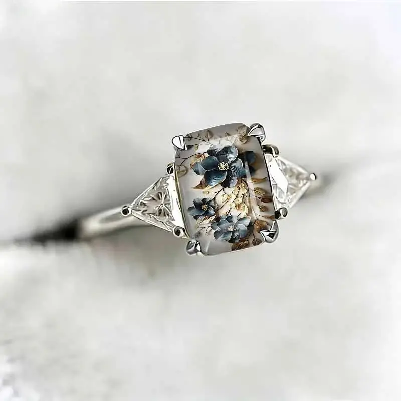 Blue Floral Art Statement Ring