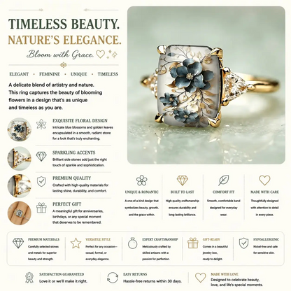 Blue Floral Art Statement Ring