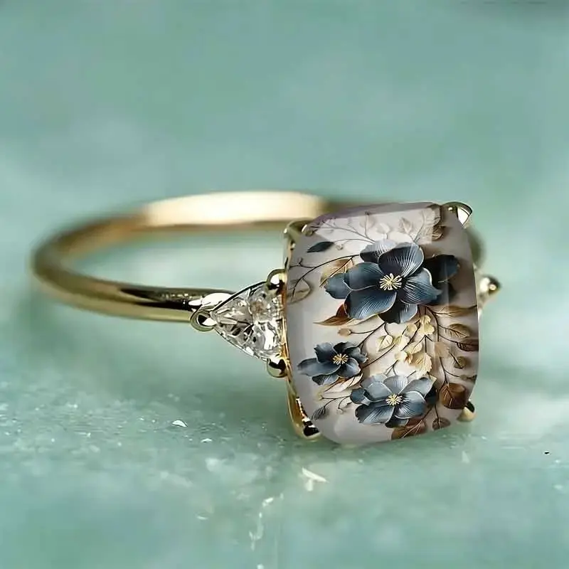 Blue Floral Art Statement Ring