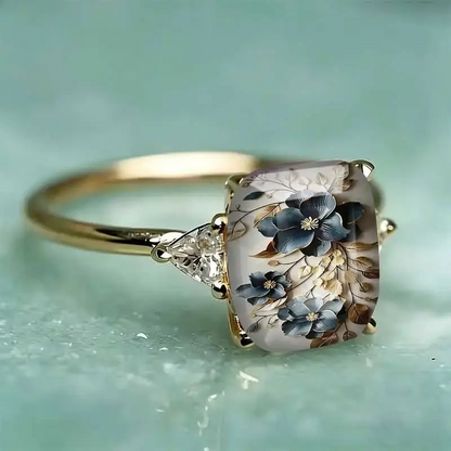 Blue Floral Art Statement Ring